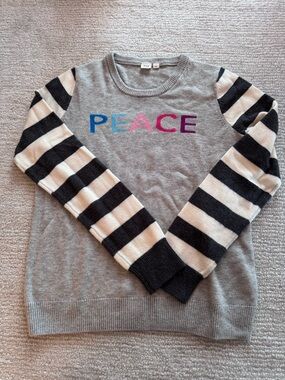 GAP Grey 'PEACE' Crewneck Sweater with Black & Cream Striped Sleeves
